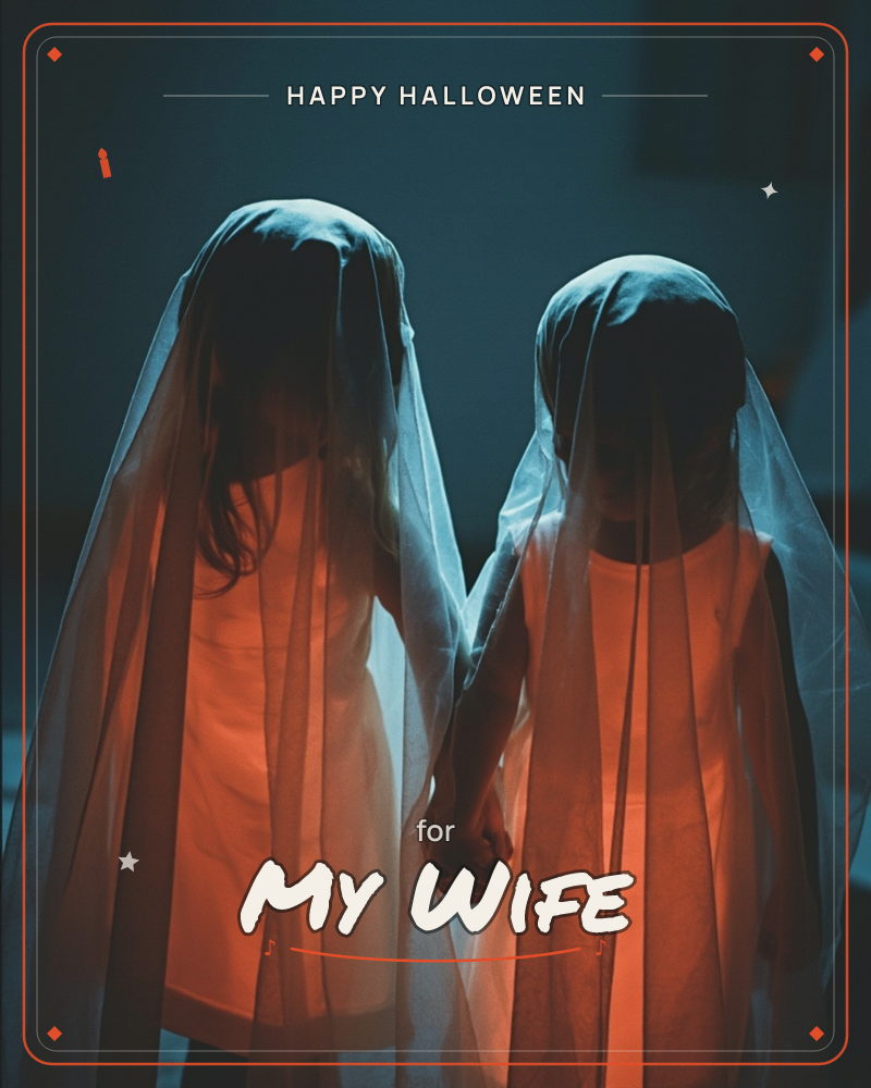 Two children stand hand in hand, draped head to toe in sheer white fabric like makeshift ghost costumes, their faces hidden beneath the veils, a halloween e-card design