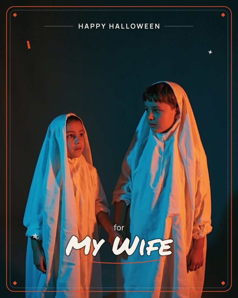 Two children stand against a deep dark backdrop, draped head to toe in white sheet-like robes, holding hands, a halloween e-card design