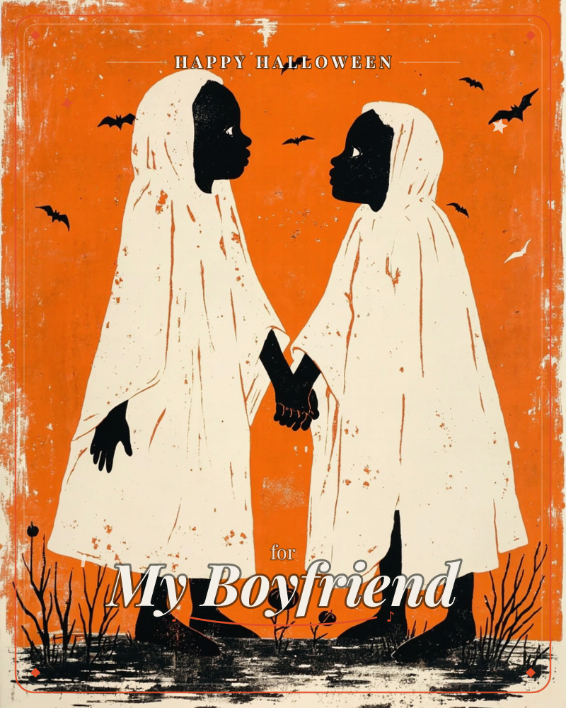 Two children in white ghost costumes face each other holding hands against a bold orange background, bats swirling overhead and a small pumpkin…, a halloween e-card design