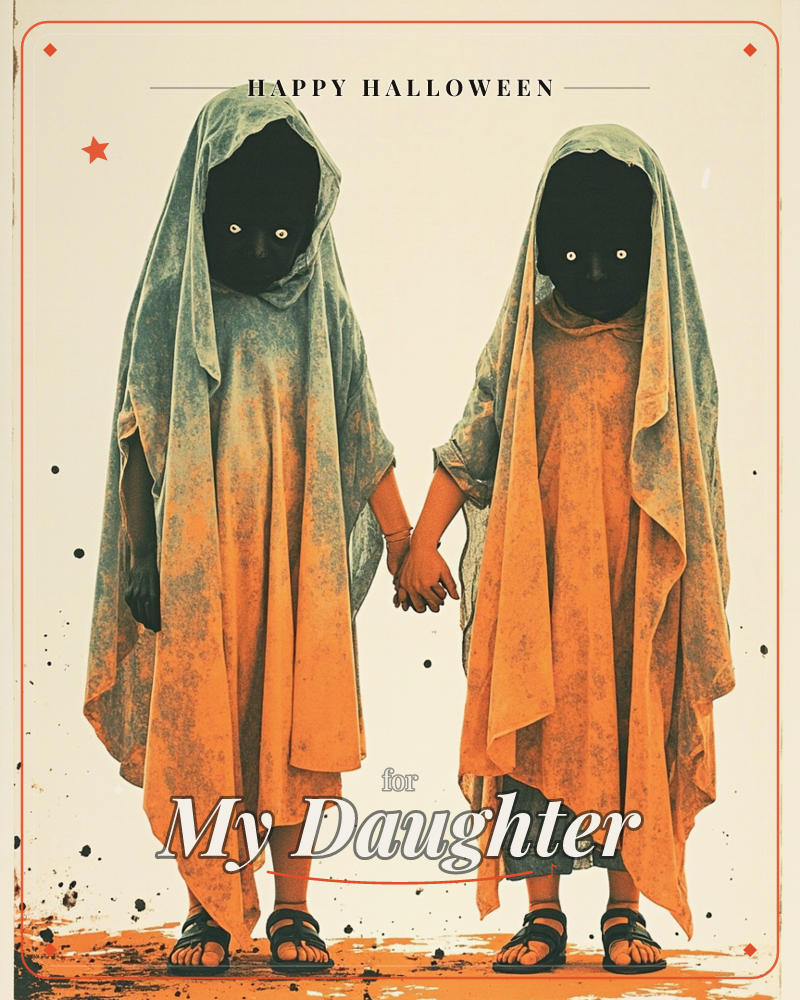 Two shrouded figures stand side by side against a plain cream backdrop, draped head to toe in weathered orange and grey cloth that hides their faces…, a halloween e-card design