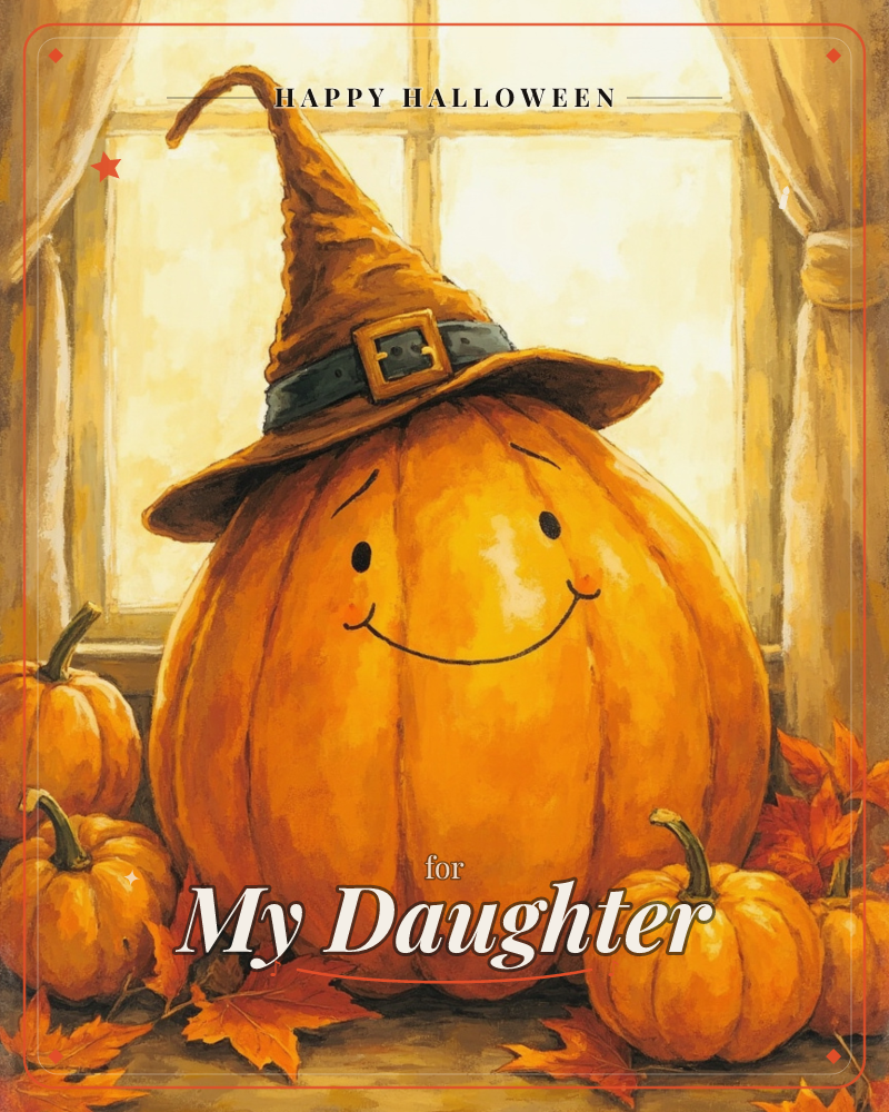 A round, smiling pumpkin wears a floppy witch's hat with a buckled band, sitting on a windowsill surrounded by smaller pumpkins and scattered autumn…, a halloween e-card design
