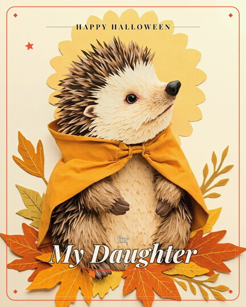 A round-bellied hedgehog sits wrapped in a mustard-yellow cloak tied in a bow at the neck, framed by a scalloped golden halo shape and a bed of…, a halloween e-card design