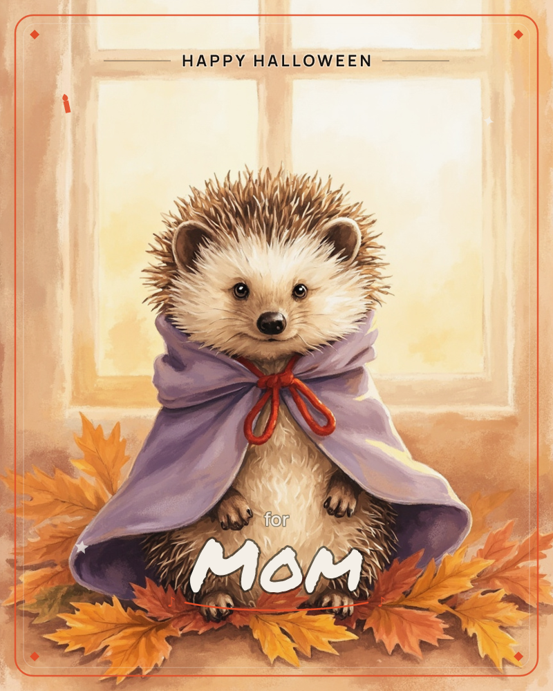 A round-bellied hedgehog sits before a sunlit window, wrapped in a lavender cloak tied with a red cord, nestled among a scatter of autumn maple leaves, a halloween e-card design