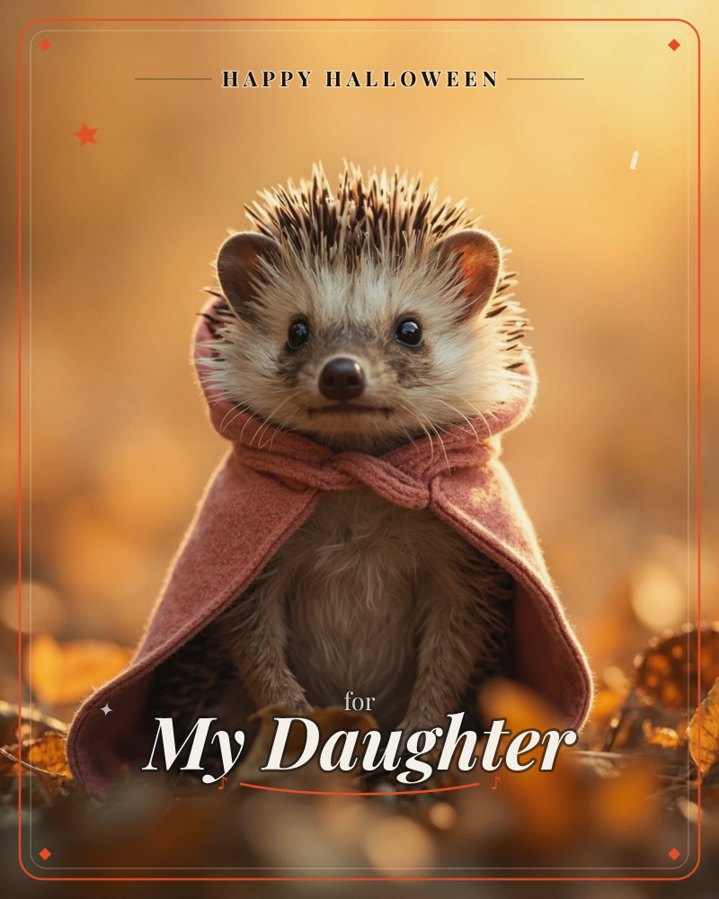 A small hedgehog sits upright among scattered autumn leaves, wrapped snugly in a dusty pink cloak knotted at the neck, a halloween e-card design