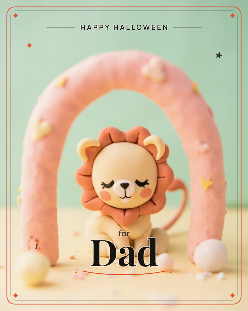 A clay-sculpted lion cub with rosy cheeks and closed, sleepy eyes sits beneath a pink arch dotted with tiny painted stars and hearts, all set against a…, a halloween e-card design