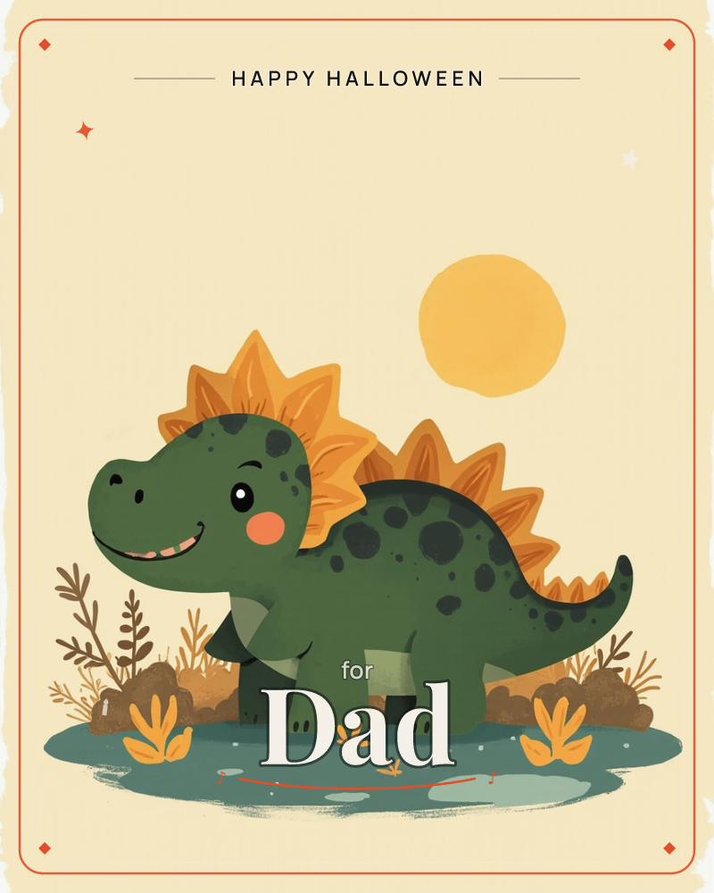 A cheerful green stegosaurus with dark spots and a rosy blush stands smiling on a small teal patch of ground, its back lined with golden spiky plates, a halloween e-card design