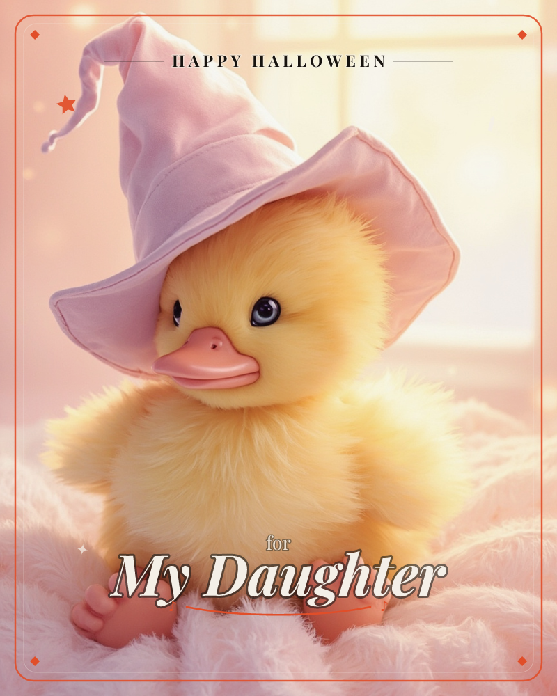 A fluffy yellow duckling sits on a soft pink blanket, wearing an oversized pink witch-style hat that flops over one eye, a halloween e-card design