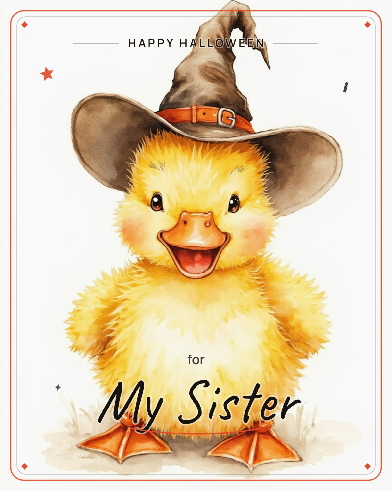 A fluffy yellow duckling stands against a plain white background, beaming with its orange webbed feet planted in a wisp of painted grass, a halloween e-card design