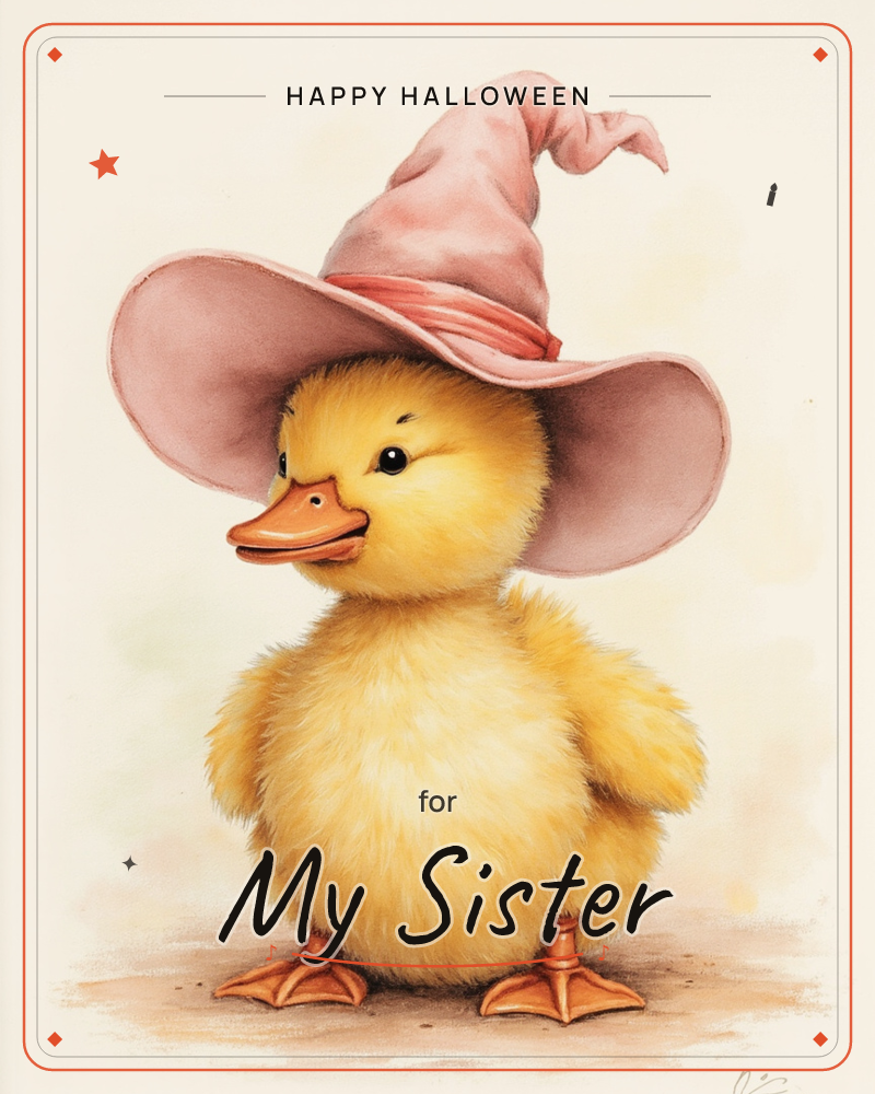 A fluffy yellow duckling stands on a soft sandy surface, wearing an oversized floppy pink witch-style hat that flops over one eye, a halloween e-card design