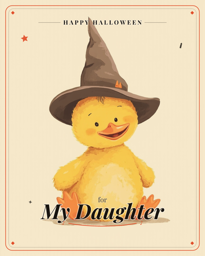 A round, fluffy yellow duckling sits against a plain cream background, wearing an oversized floppy witch's hat with a small orange moon charm on the band, a halloween e-card design