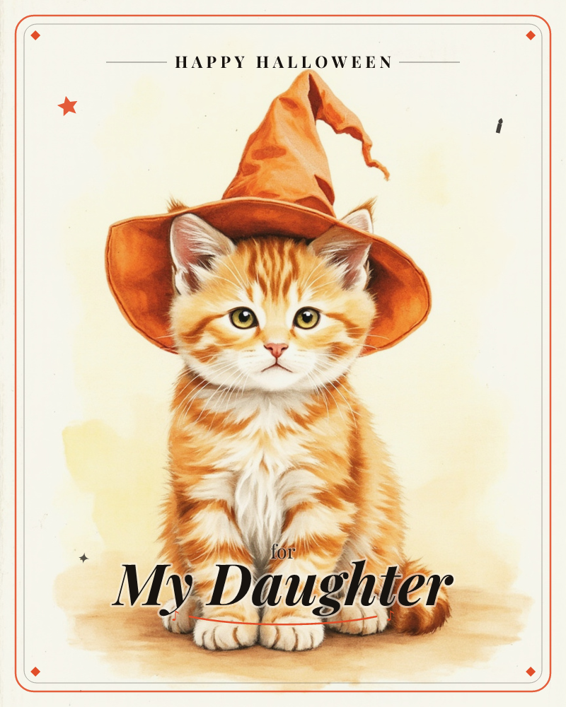 An orange tabby kitten sits squarely facing forward, wearing an oversized floppy witch's hat that droops sideways over its ears, a halloween e-card design
