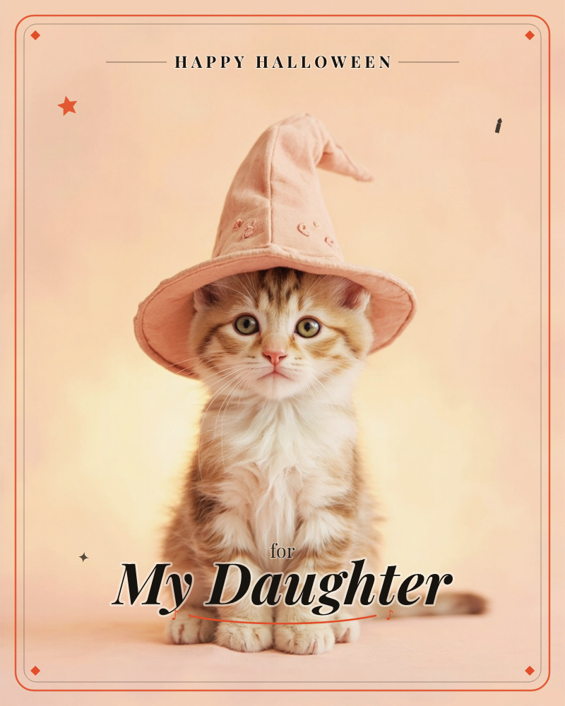 A young tabby kitten sits squarely against a soft peach backdrop, wearing an oversized peach witch-style hat that slips down over its ears, a halloween e-card design