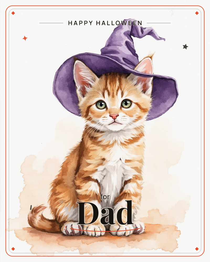 An orange tabby kitten sits primly against a plain white background, its white paws tucked together, wearing a floppy purple witch's hat that slips…, a halloween e-card design