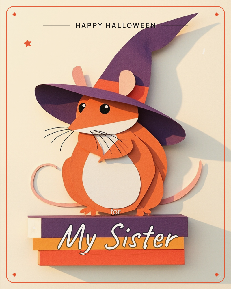 A round, orange paper-craft mouse stands atop a stack of layered books, wearing an oversized purple witch's hat that tips jauntily to one side, a halloween e-card design