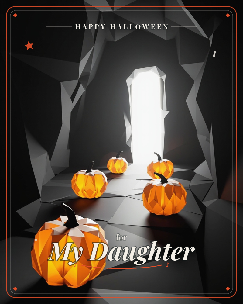 A low-poly cave rendered in jagged black and grey facets opens onto a blinding white archway of light, with five faceted orange pumpkins scattered…, a halloween e-card design