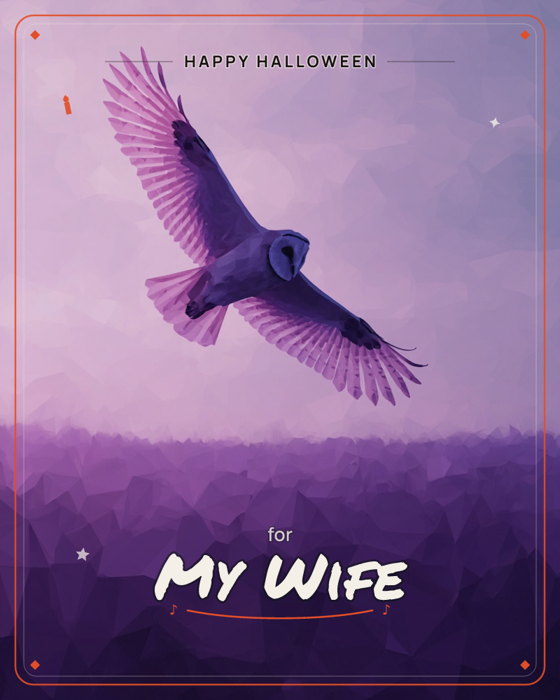 A barn owl glides in full wingspan against a faceted, low-poly sky of violet and mauve light, its heart-shaped face turned toward the viewer, a halloween e-card design