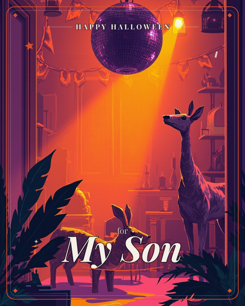 A disco ball hangs in a moody, party-lit room, throwing a shaft of golden light down onto two rabbit-eared, deer-like creatures standing on the floor…, a halloween e-card design