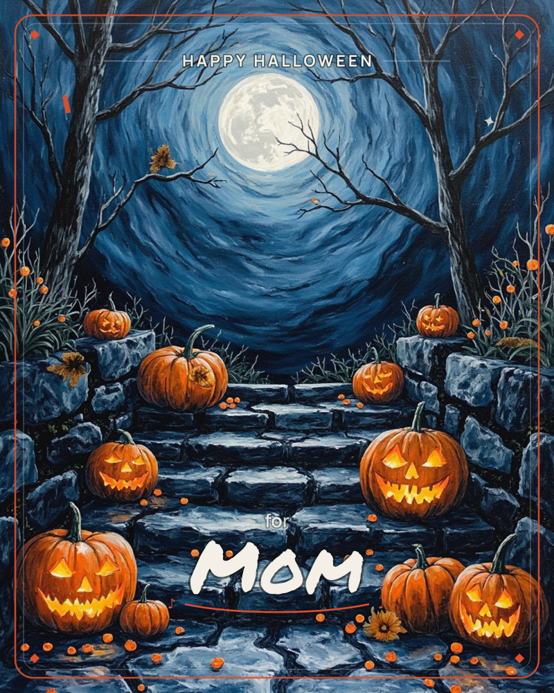 A full moon glows through swirling night clouds and bare, twisted trees, lighting a stone stairway lined with glowing jack-o'-lanterns, a halloween e-card design
