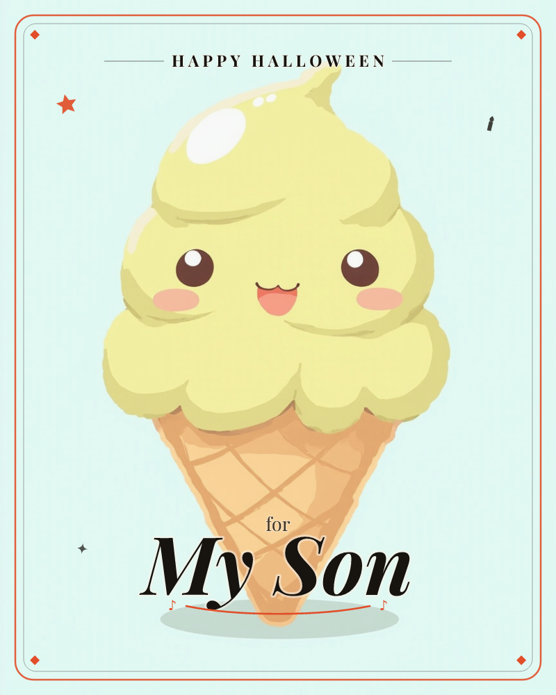 A soft-serve ice cream cone with a pale yellow swirl sits front and centre against a mint-green background, its wafer cone crosshatched in gold-brown, a halloween e-card design