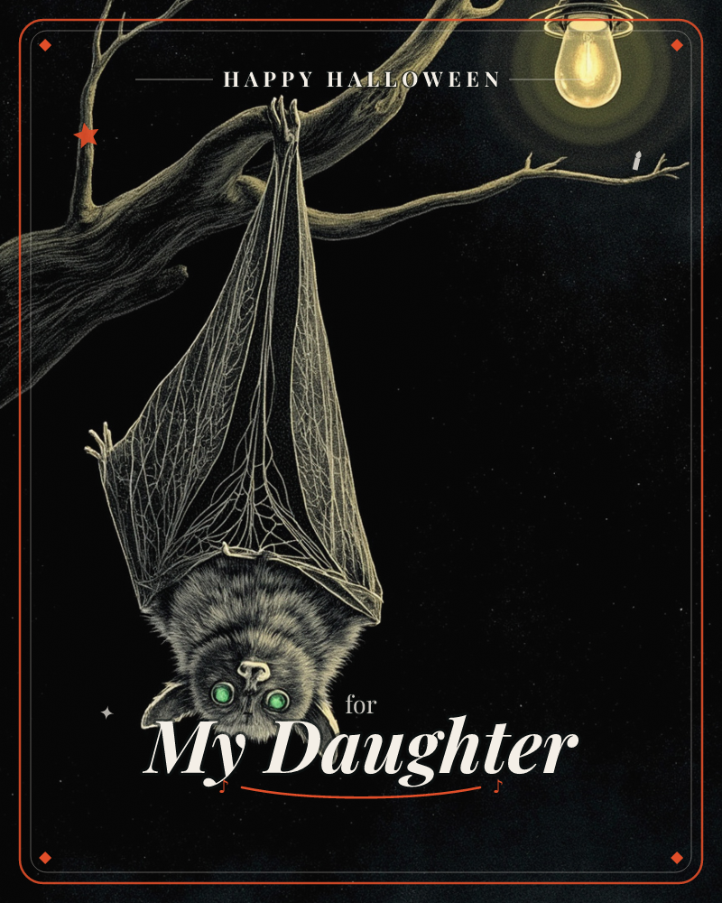 A single bat hangs upside down from a bare, gnarled branch against pure black night, its wings wrapped tight around its body like a cloak, delicate…, a halloween e-card design