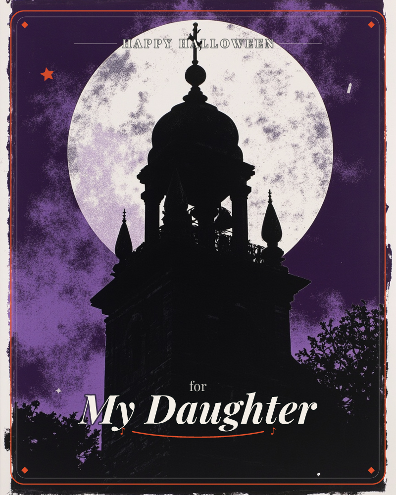 A church bell tower with a domed cupola and weathervane stands in black silhouette against a huge, textured full moon, a halloween e-card design