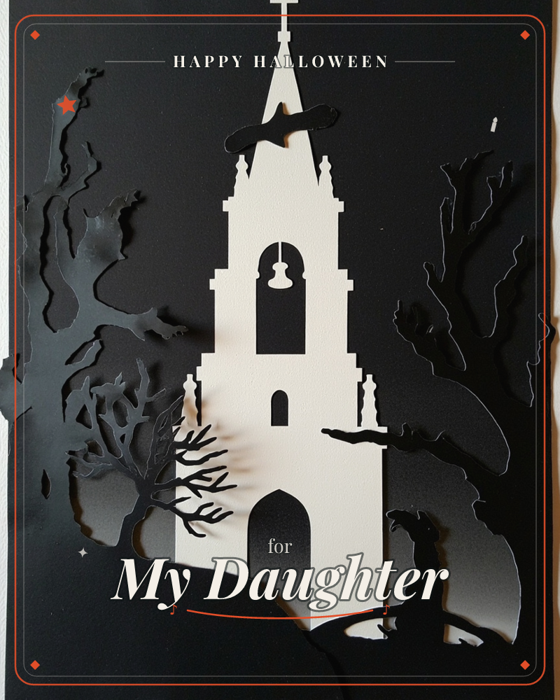 A layered paper-cut illustration shows a white church tower with a bell and spire rising against a black background, surrounded by bare, silhouetted trees, a halloween e-card design