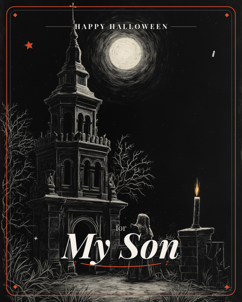 A hooded figure stands alone before a tall stone church tower, its spire topped with a cross beneath a swirling full moon, a halloween e-card design