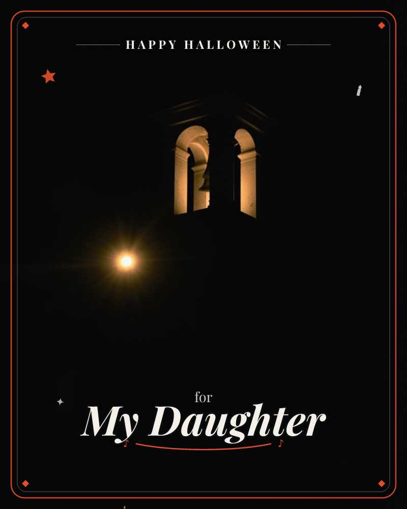 A bell tower's arched openings glow warm amber against a deep black night sky, its stone columns catching lamplight from within, a halloween e-card design