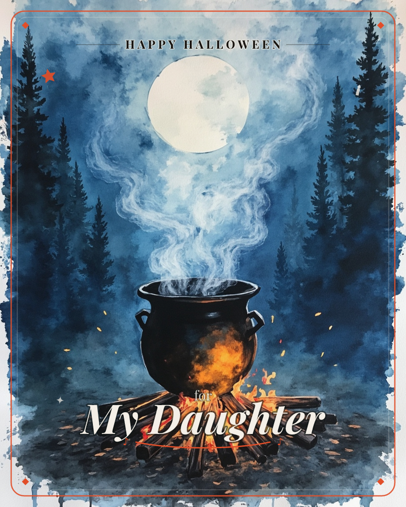 A black cauldron glows over an open fire deep in a midnight forest, its swirling steam rising to meet a full moon overhead, a halloween e-card design