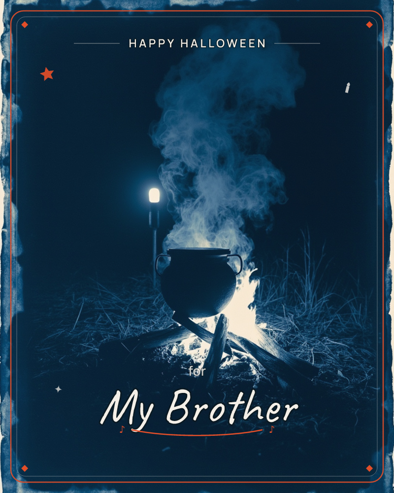 A black cauldron sits over a smouldering fire in the dark, thick steam billowing upward and catching a cold blue light beside it, a halloween e-card design