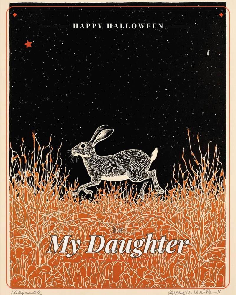 A hare bounds low through a field of rust-orange grasses beneath a vast black sky scattered with white stars, a halloween e-card design