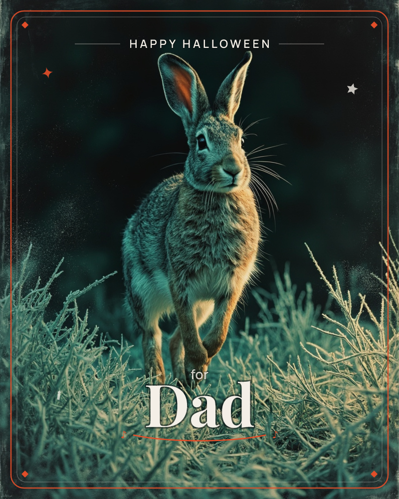 A wild rabbit bounds forward through frost-tipped grass, caught mid-stride in warm evening light against an almost black backdrop of shadowed brush, a halloween e-card design