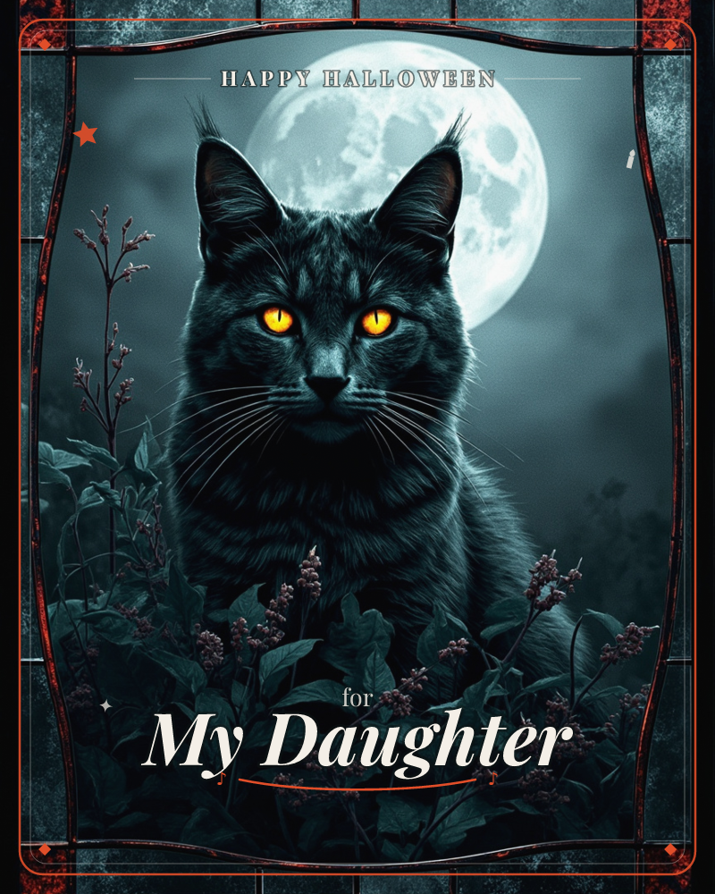 A black cat with glowing amber eyes sits amid dark leafy foliage, framed by a large full moon glowing behind it in a misty night sky, a halloween e-card design