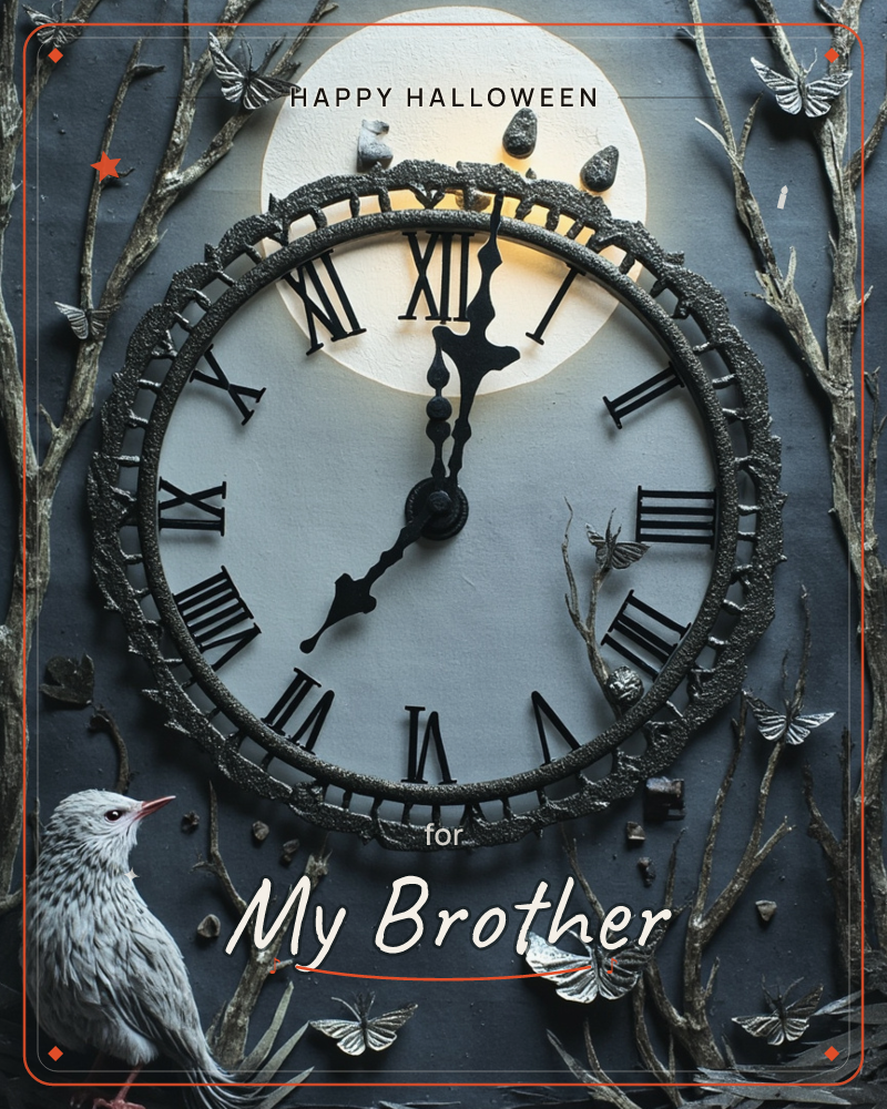 A textured relief clock face glows against a dark night sky, its Roman numerals and ornate hands set before a bright full moon, a halloween e-card design