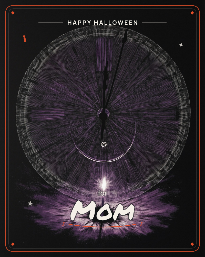 A finely etched clock face glows in violet and silver against pure black, its hands nearing midnight and radiating fine lines like a burst of energy, a halloween e-card design