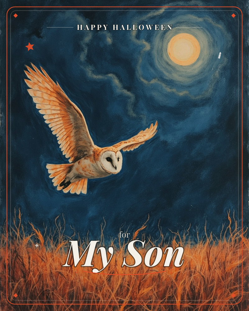 A barn owl glides low over a field of dry, wind-bent grass, wings spread wide against a deep indigo night sky, a halloween e-card design