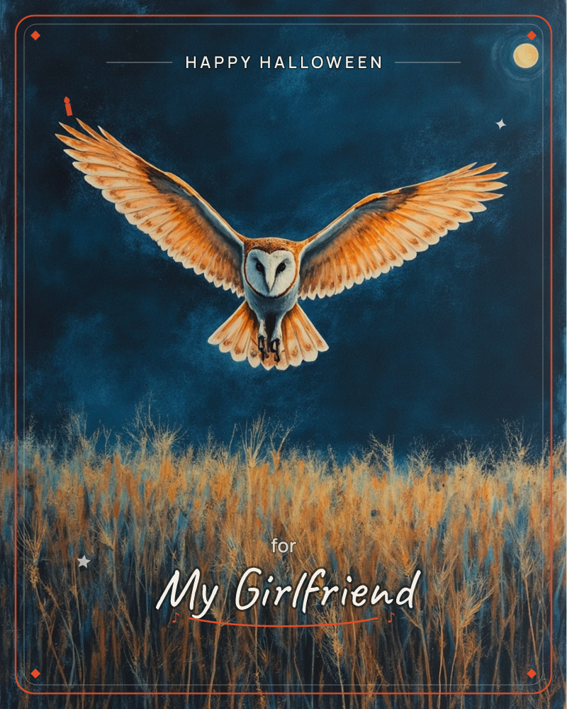 A barn owl swoops low over a field of dry golden grasses, its wings spread wide against a deep midnight-blue sky lit by a pale moon, a halloween e-card design