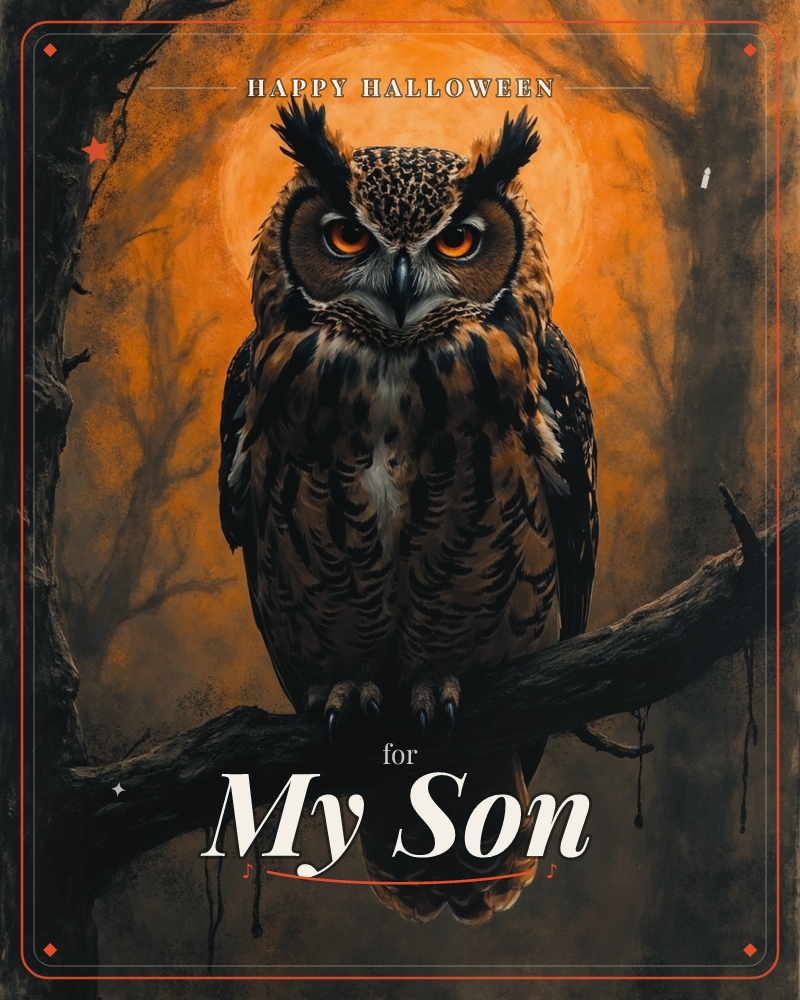 A great horned owl perches on a gnarled branch, its orange eyes staring straight ahead, silhouetted against a glowing amber moon and a tangle of bare…, a halloween e-card design
