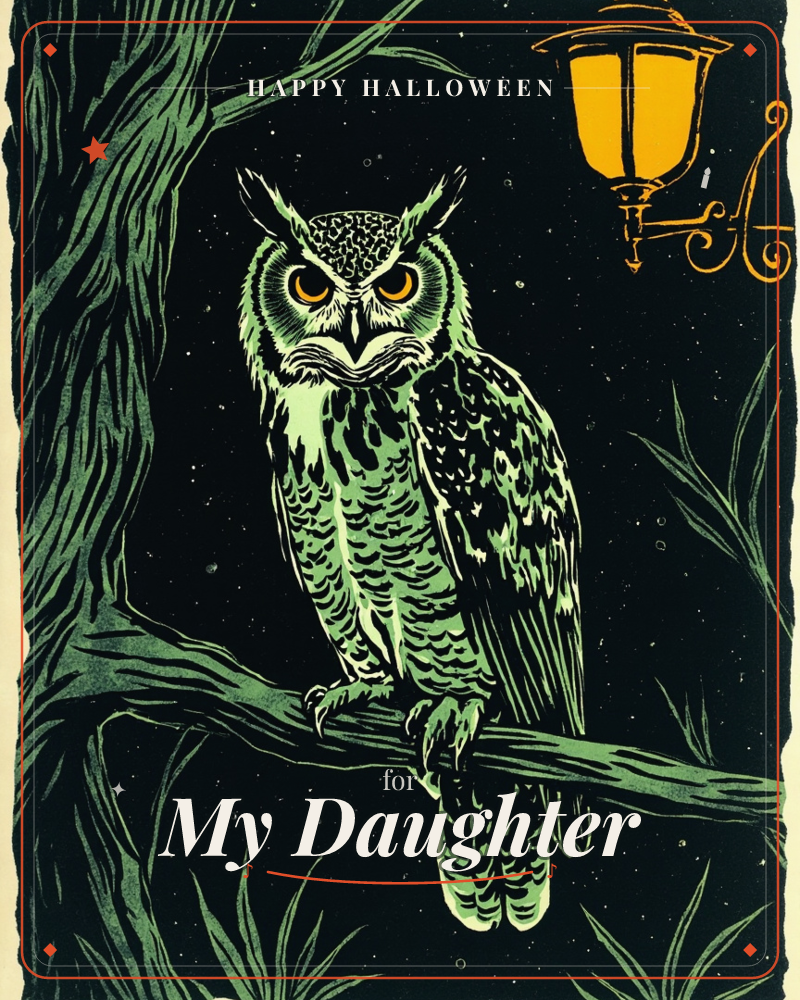 A great horned owl perches on a gnarled branch against a deep black night sky, its ear tufts sharp and orange eyes fixed forward, a halloween e-card design