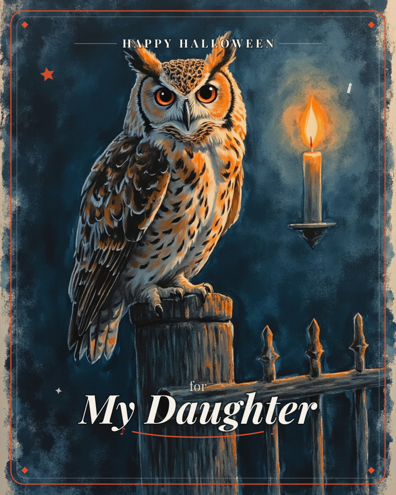 A great horned owl perches on a weathered fence post against a deep midnight-blue background, its orange eyes fixed forward while a single candle…, a halloween e-card design