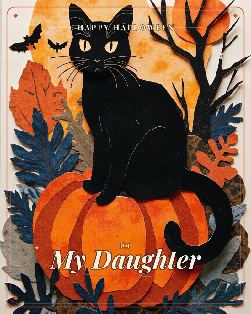 A black cat with a curled tail sits atop a bright orange pumpkin, silhouetted against a glowing amber moon and a bare, gnarled tree, a halloween e-card design