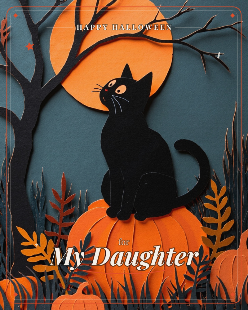 A layered paper-cut illustration shows a black cat perched on a ridged orange pumpkin, gazing up at a bare, twisting tree beneath a glowing full moon, a halloween e-card design