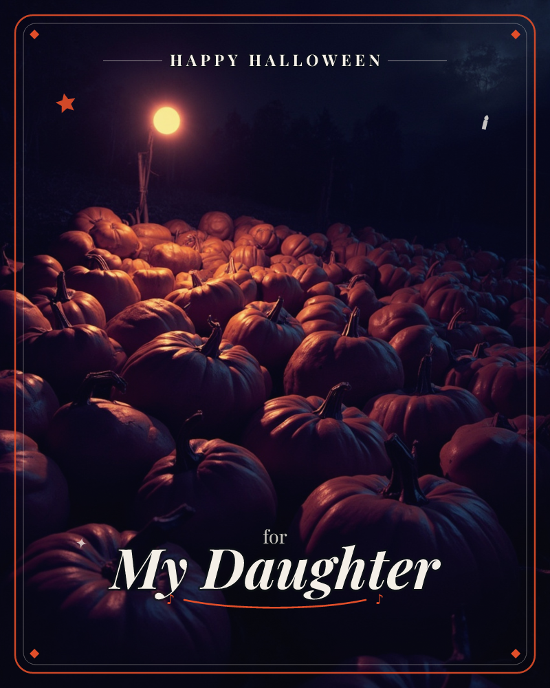 A vast pumpkin patch stretches into darkness, lit by a single glowing lamp on a wooden pole, a halloween e-card design