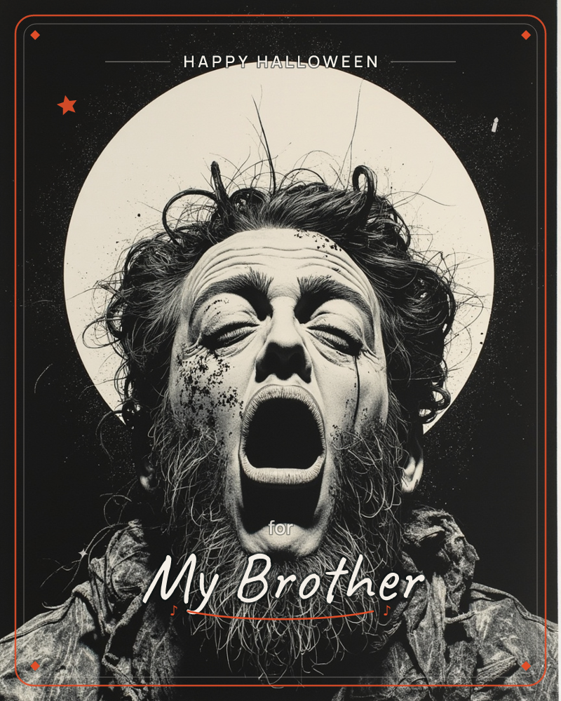 A bearded man with wild, curling hair tilts his head back in a wide-open shout or yawn, eyes shut, set against a stark black background with a large…, a halloween e-card design
