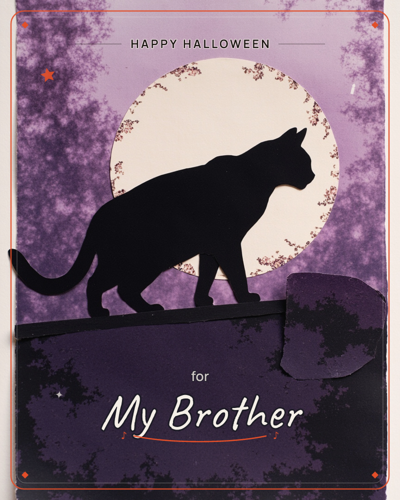 A black cat silhouette prowls along a narrow ledge in front of a large cream moon flecked with tiny gold specks, all set against a mottled purple night…, a halloween e-card design