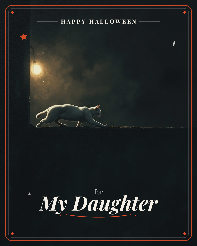 A pale cat creeps low along a narrow ledge in near-total darkness, lit only by a single bare bulb glowing overhead, a halloween e-card design