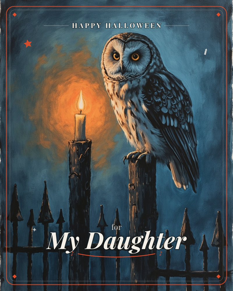 A great grey owl perches on a weathered wooden fence post, its round face turned to stare out with wide amber eyes, while a lit candle glows on a…, a halloween e-card design