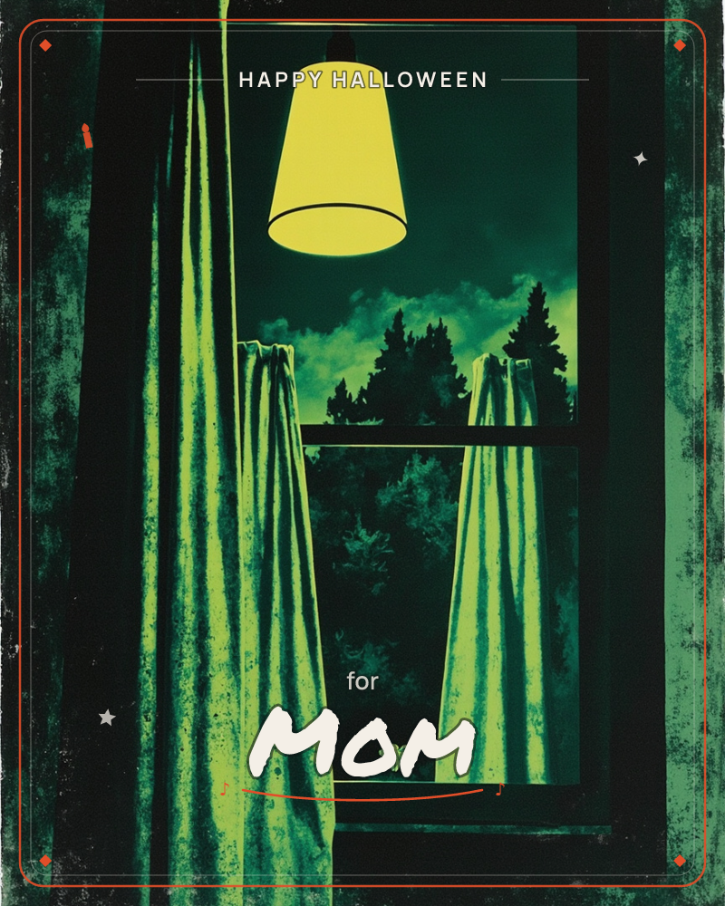 A window at night glows in tones of deep green, with a bright yellow lamp hanging above heavy curtains pulled back to reveal dark trees against a…, a halloween e-card design