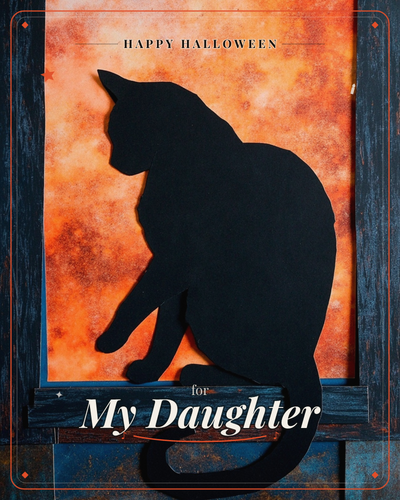 A black paper-cut cat sits framed in a dark weathered wood window, its tail curling below the sill, a halloween e-card design