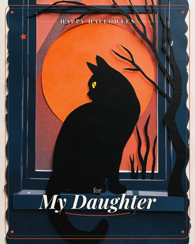 A paper-cut black cat sits in silhouette on a windowsill, its single yellow eye glowing against a huge glowing orange moon, a halloween e-card design